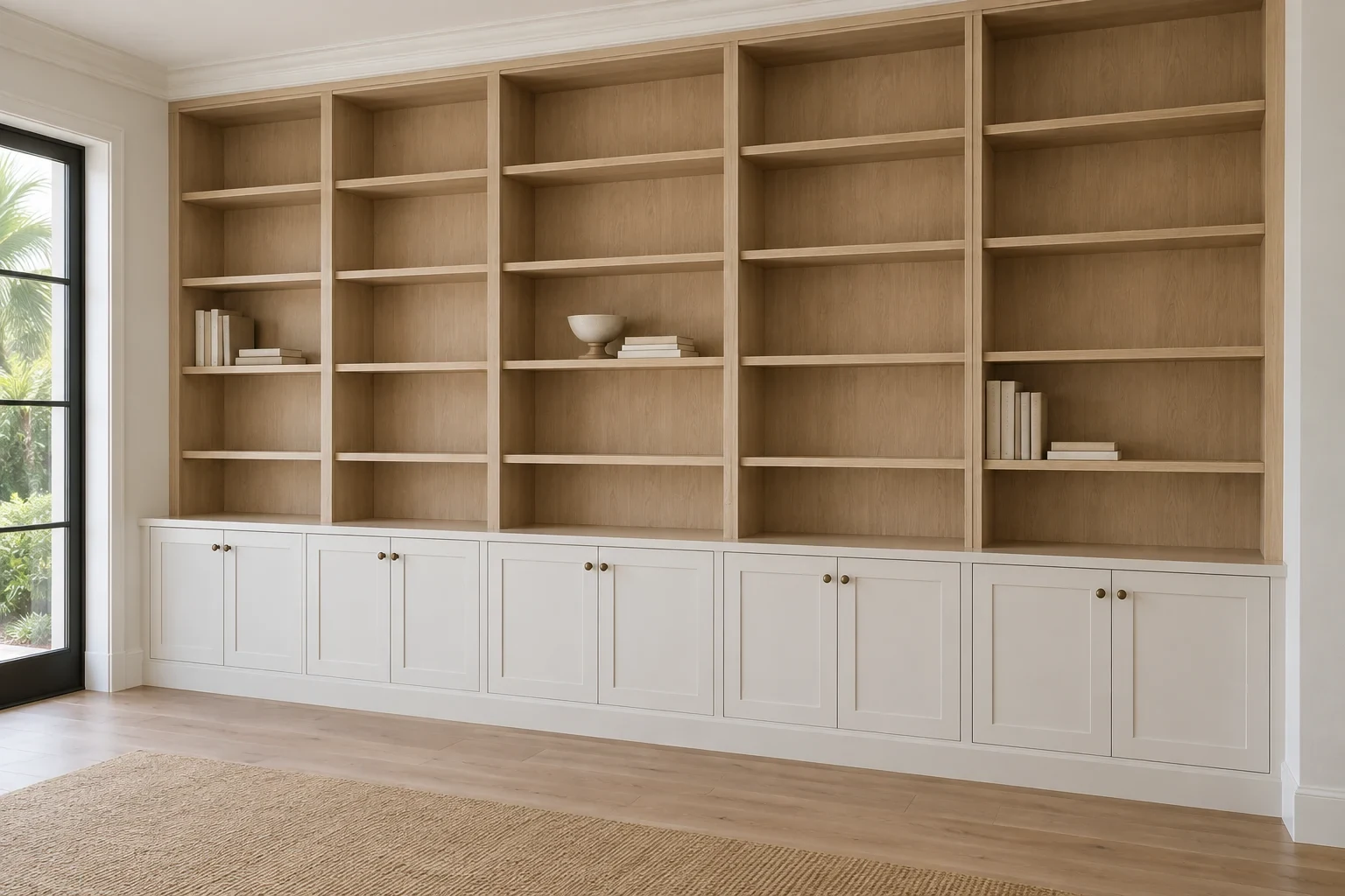 Built-in wall unit with open wood shelving above white shaker base cabinets