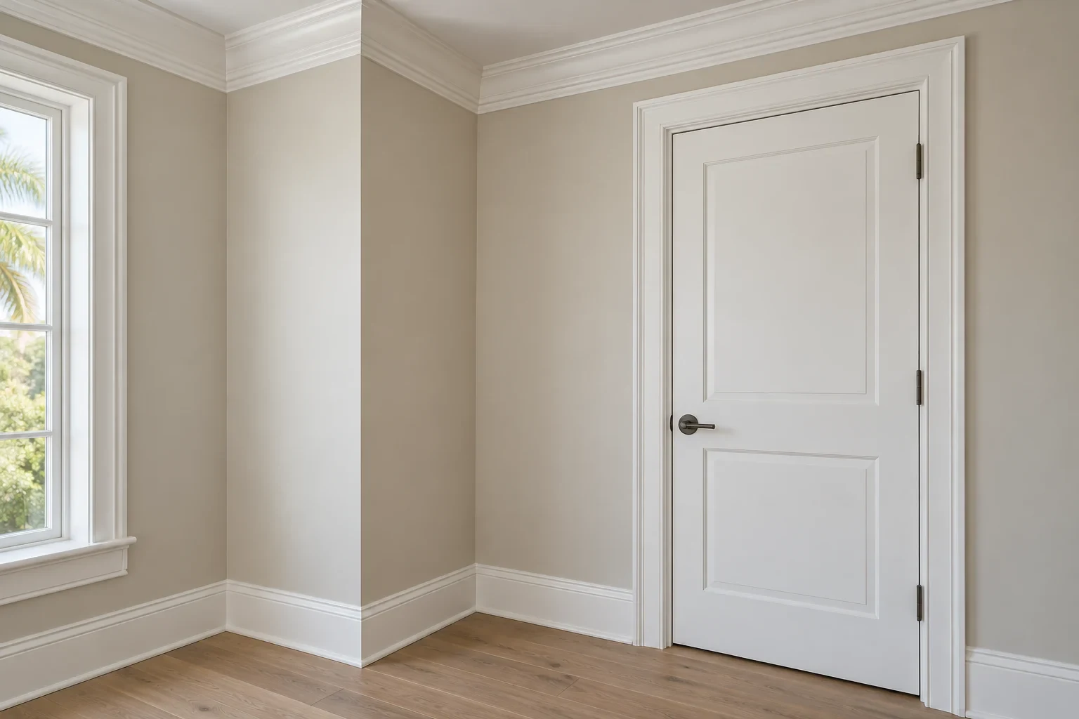 Room corner showing crown molding, baseboards and painted casing around a panelled door