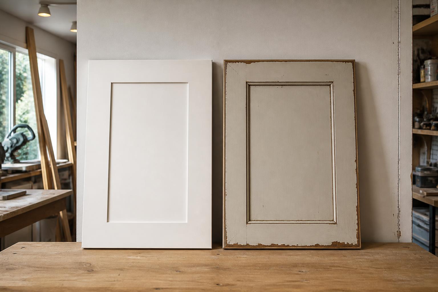 New white shaker cabinet door beside an older painted door with worn edges