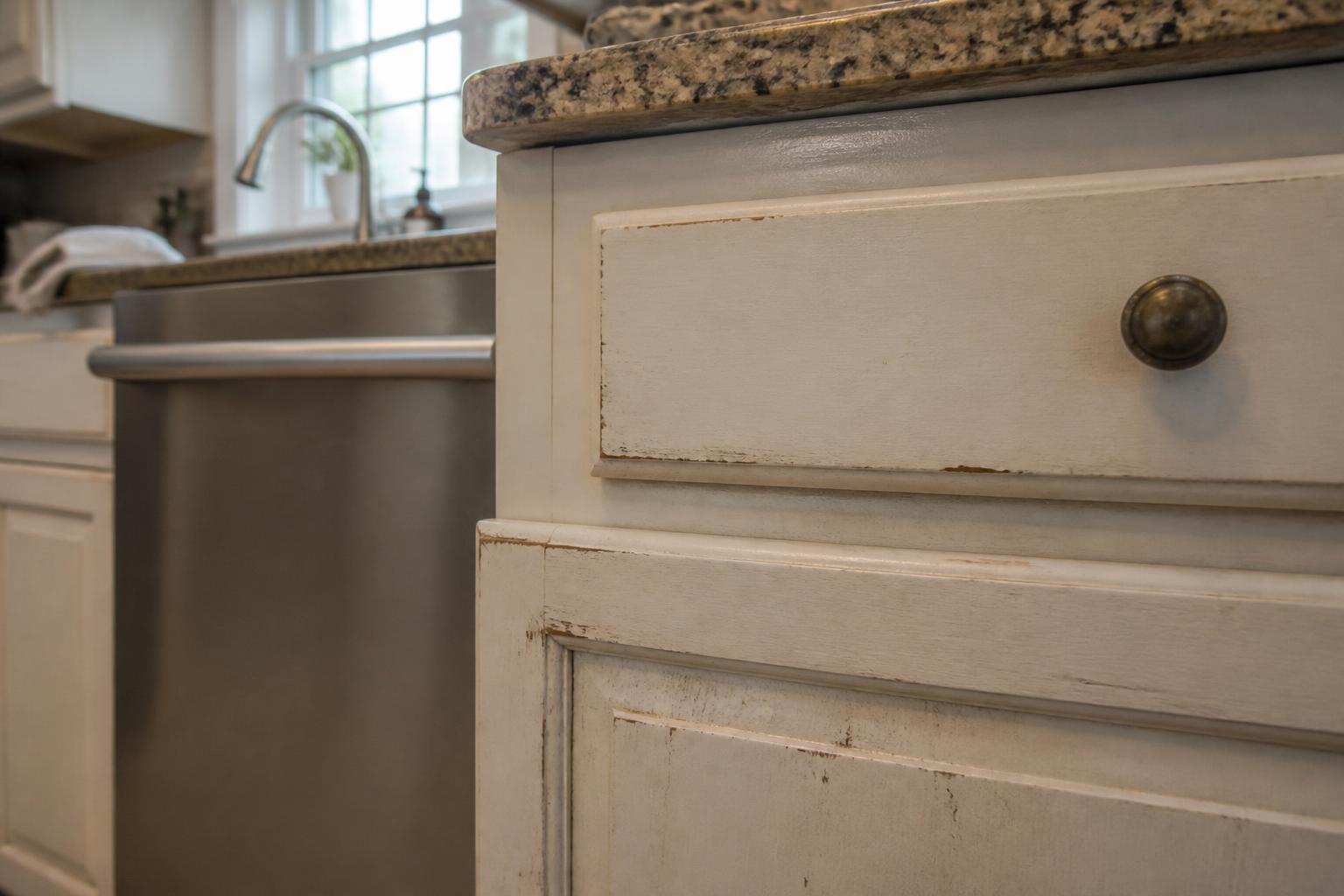 Worn painted cabinet door edge showing normal everyday wear
