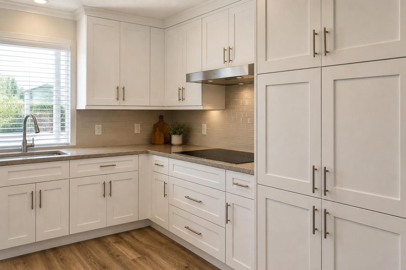 Refaced white kitchen cabinets with crisp new door edges and even reveals