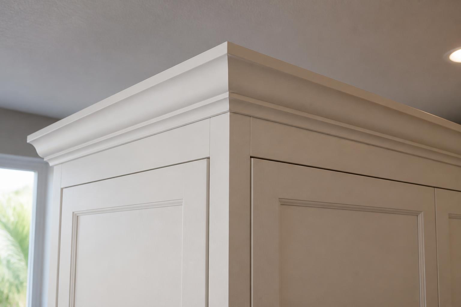 Mitered crown molding corner on top of white kitchen cabinets