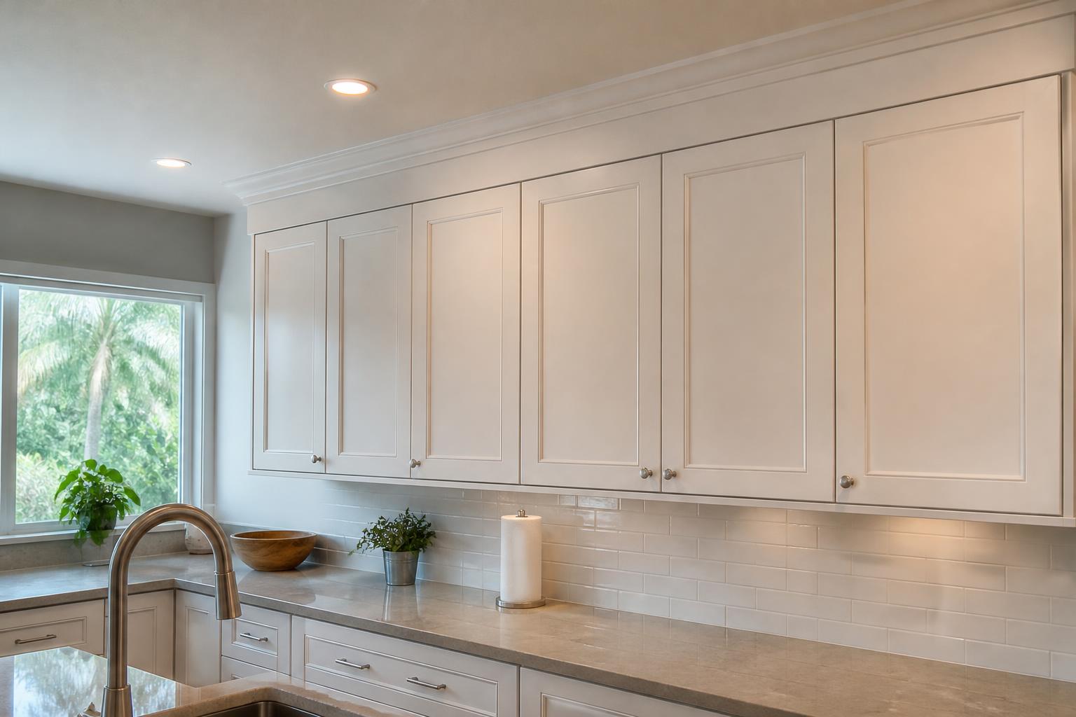 Kitchen upper cabinets with stacked molding closing the gap to the ceiling
