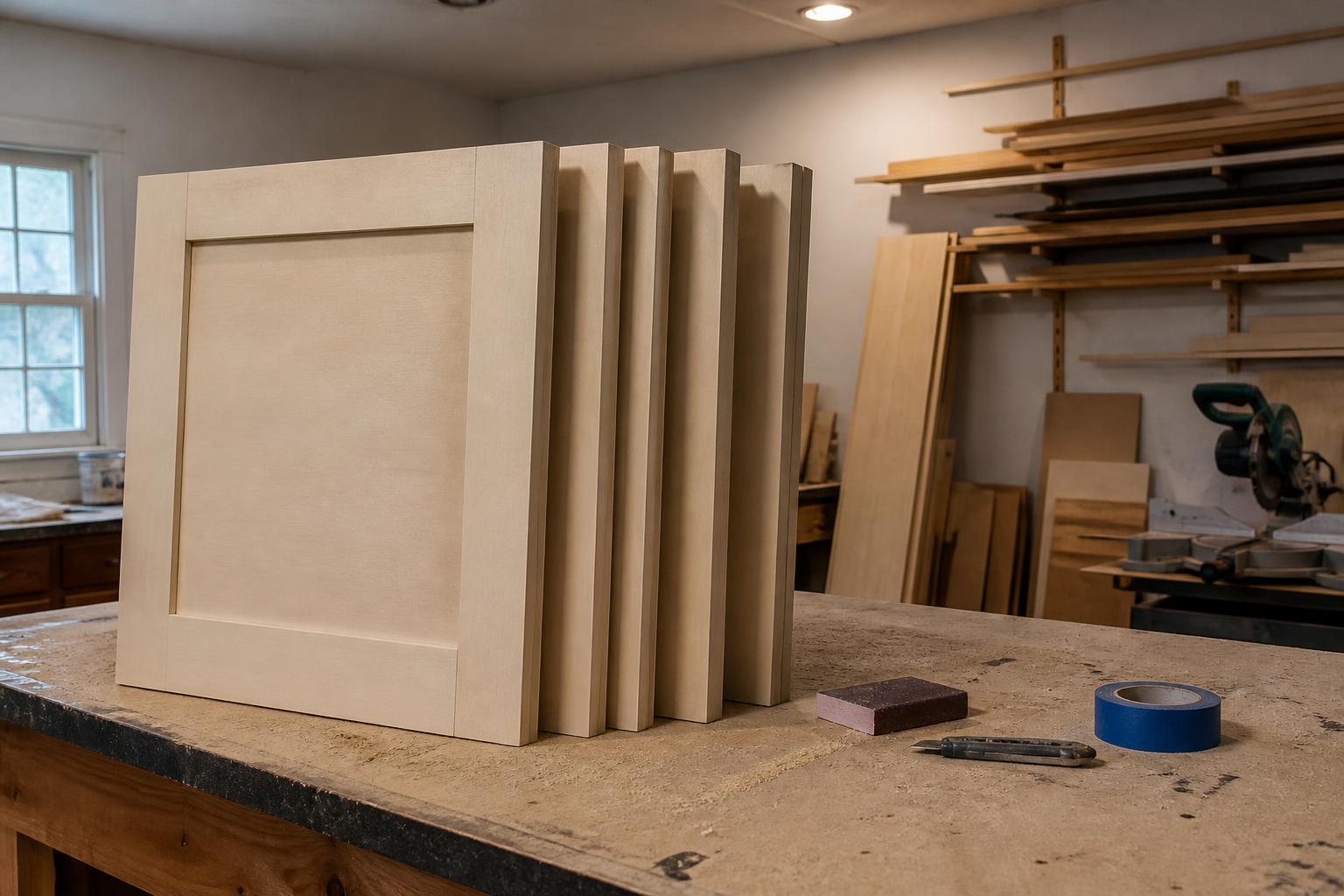 Stack of unfinished shaker cabinet doors on a workbench with a sanding block, painter's tape and a utility knife