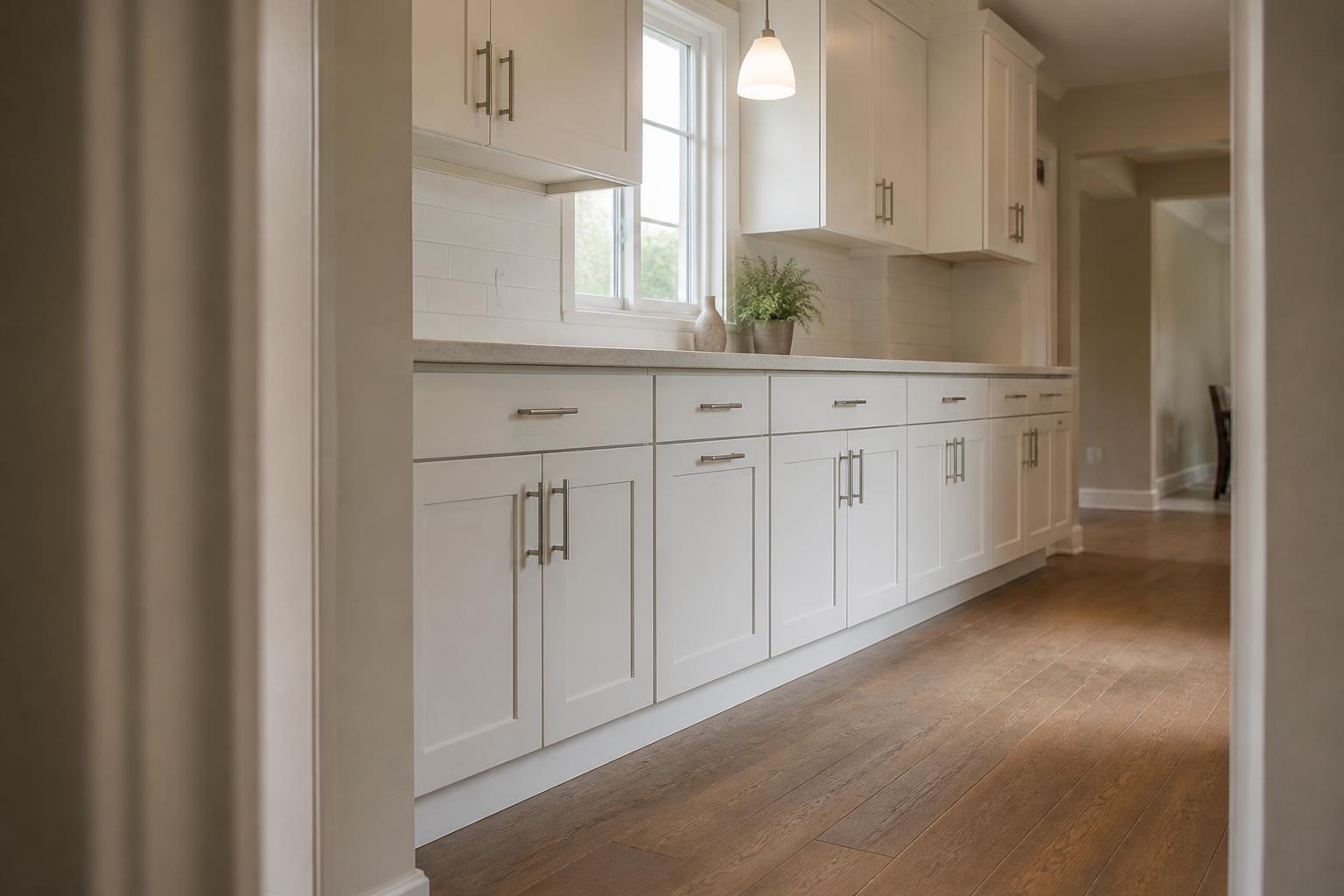 Refaced kitchen with white shaker cabinet doors and brushed nickel pulls
