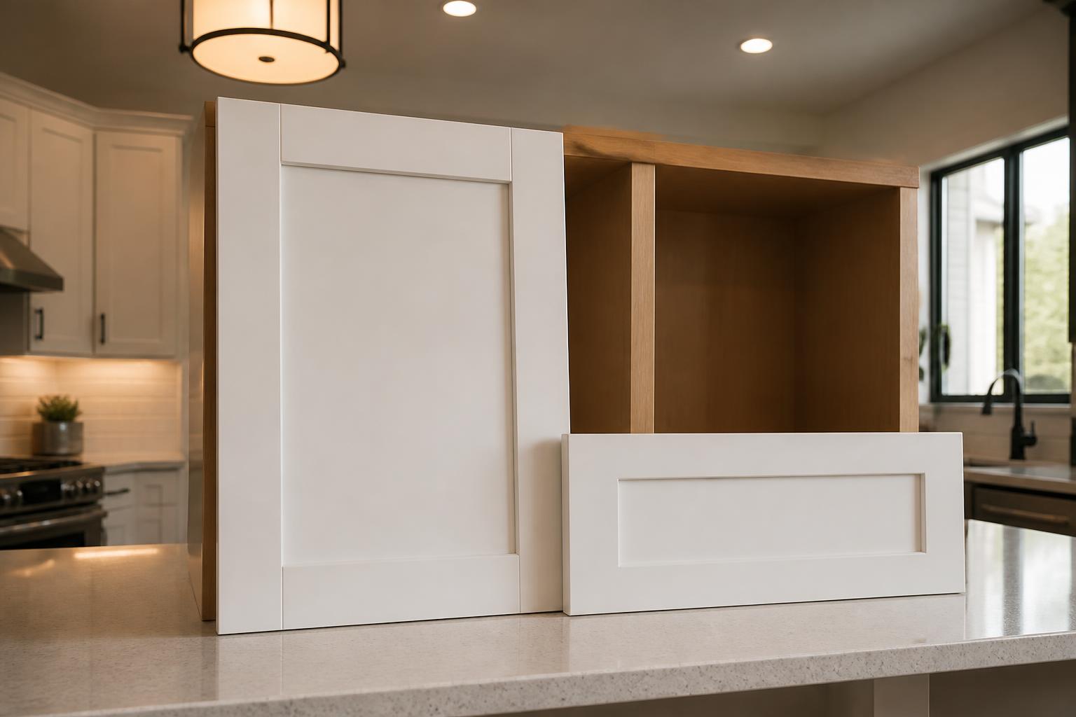 New white shaker cabinet door and drawer front beside an existing cabinet box