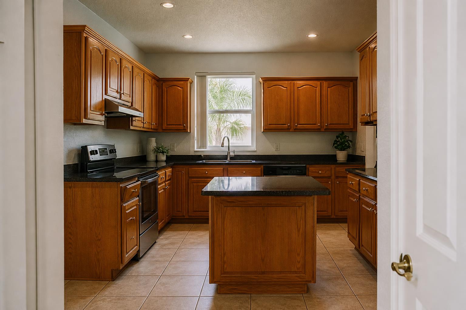 Kitchen with dated oak raised-panel cabinet doors and a working layout