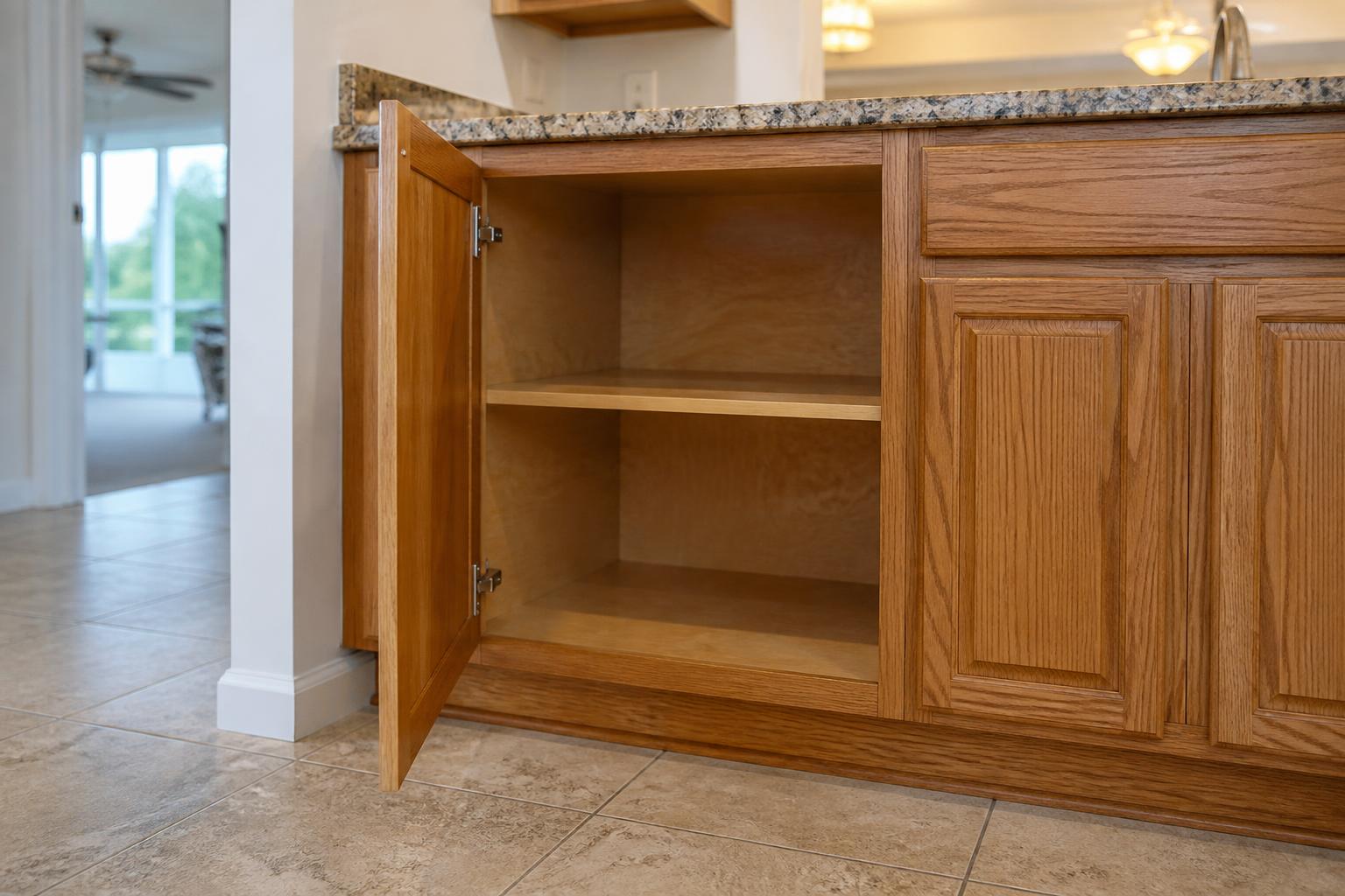Open base cabinet showing a solid cabinet box interior and fixed shelf