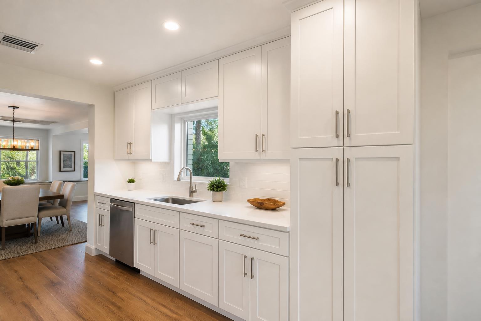 New full-height white kitchen cabinets with a tall pantry unit