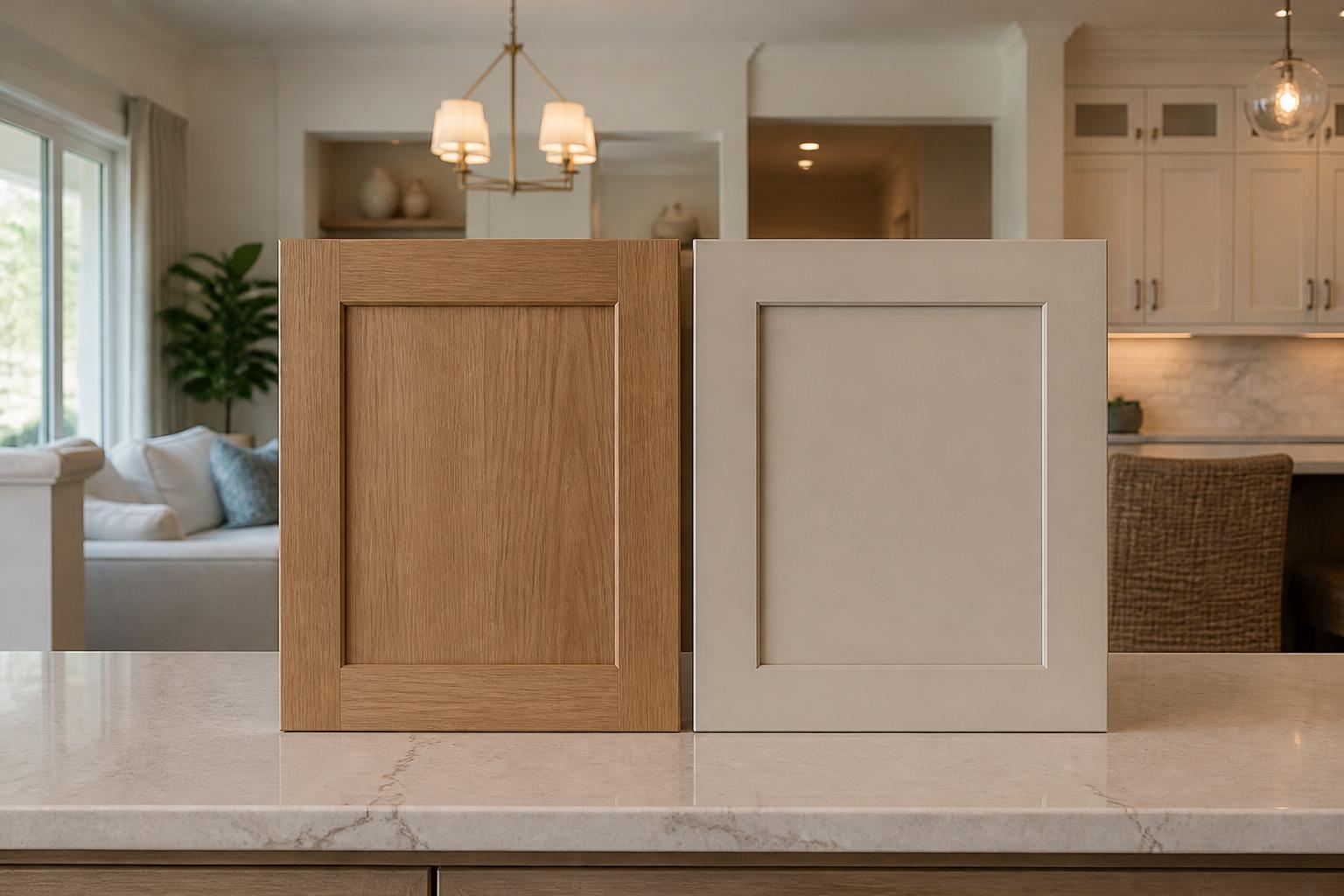 Wood veneer and matte laminate cabinet door samples side by side