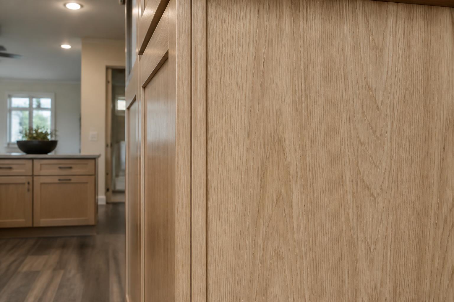 Close-up of natural wood veneer grain on a cabinet end panel