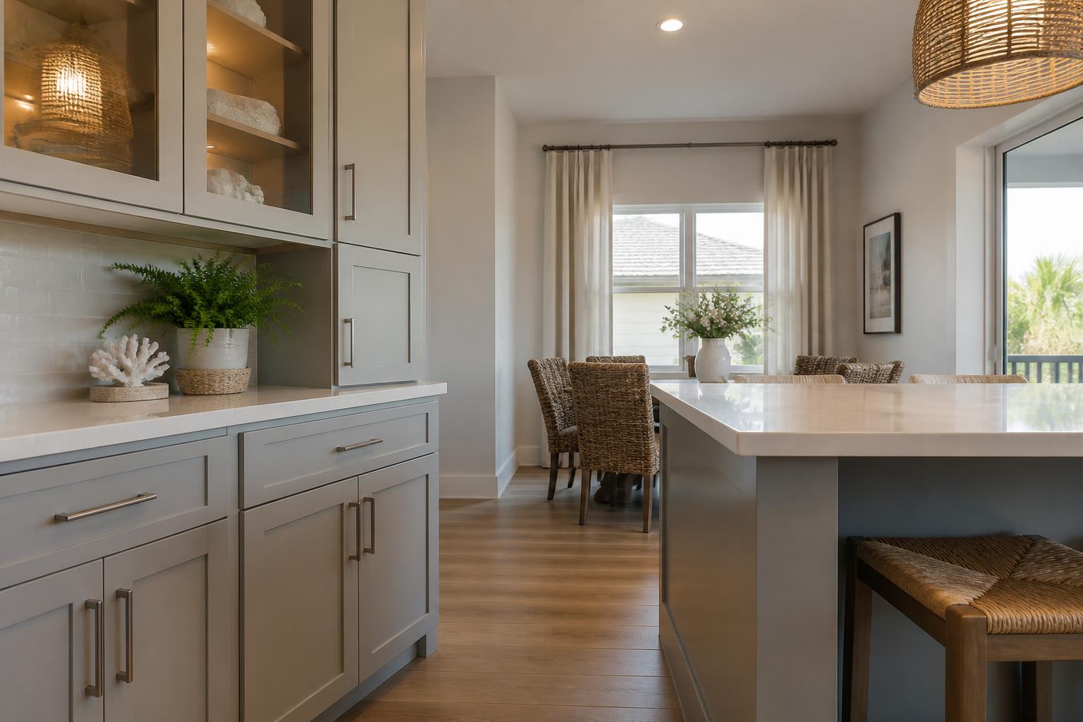 Gray shaker cabinets with glass-front uppers in a bright coastal kitchen